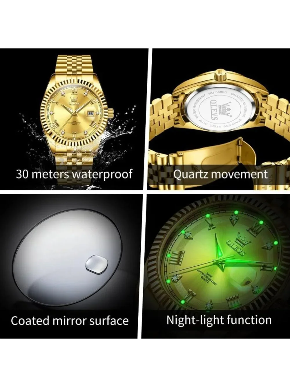 Men's Gold Two Tone Diamond Classic Analog Stainless Steel Waterproof Watch